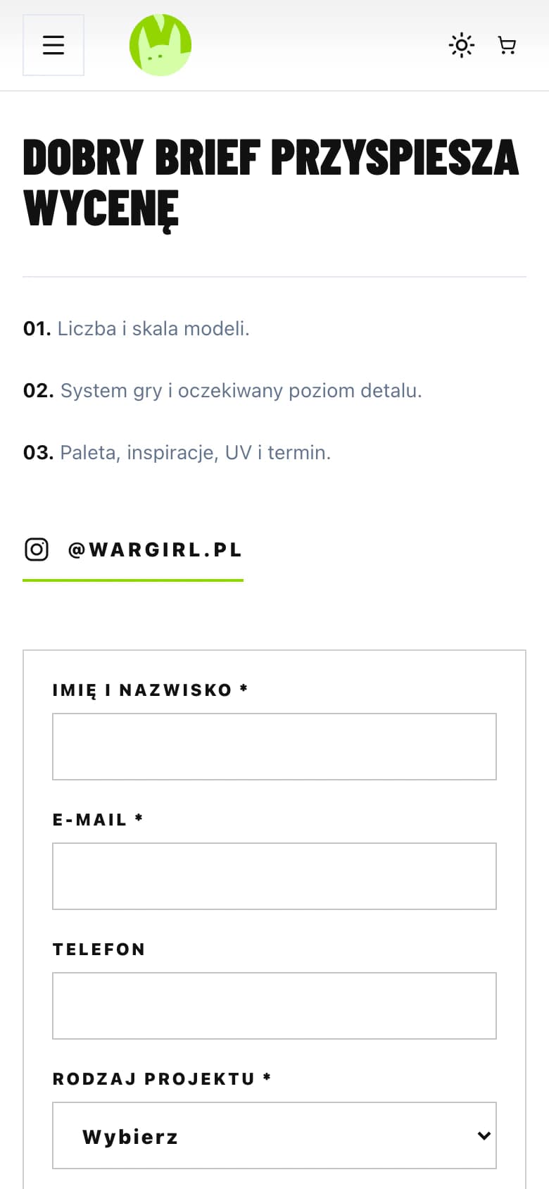 Mobilny formularz briefu do indywidualnej wyceny Wargirl.