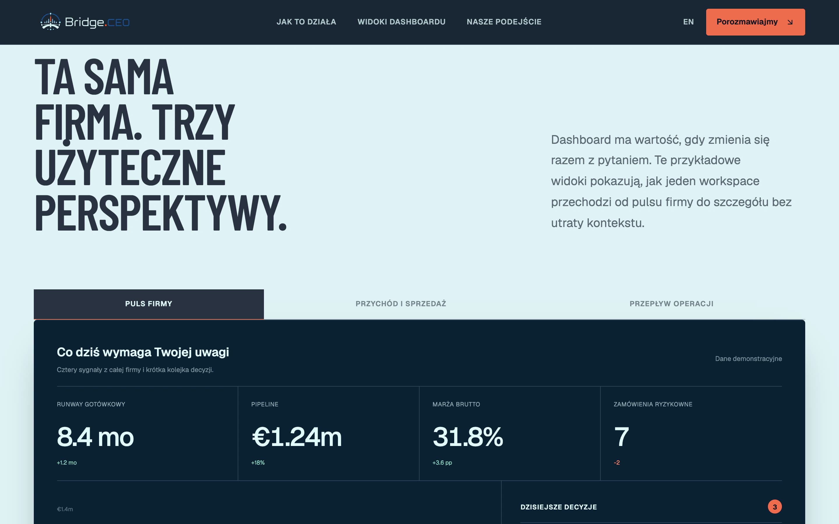 Desktopowy pulpit Bridge z oznaczeniem „Dane demonstracyjne”.