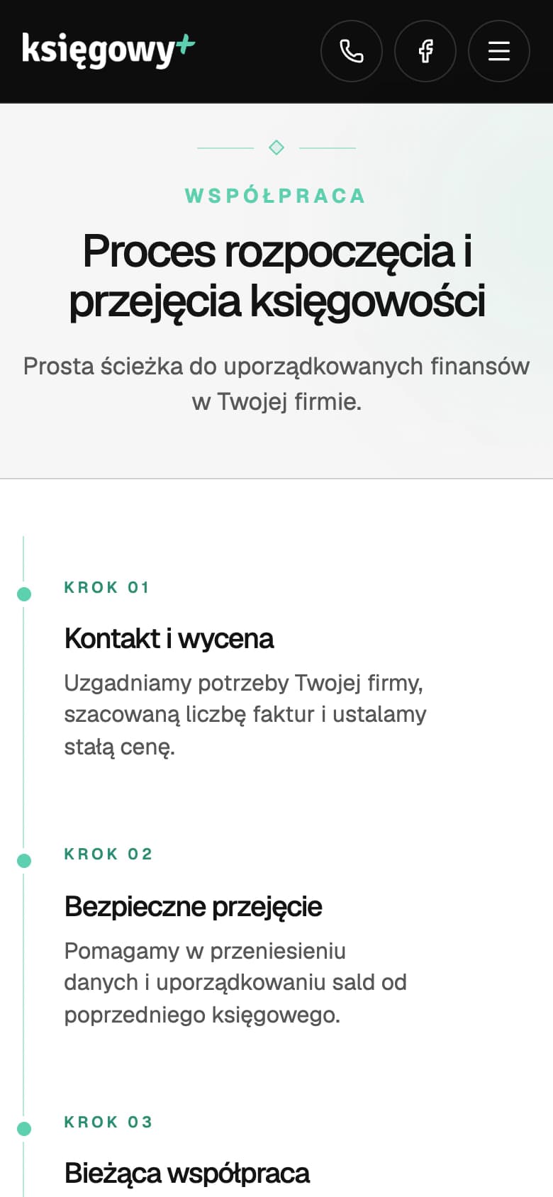 Mobilny widok procesu rozpoczęcia współpracy z Księgowy Plus.